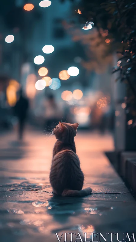 Cat observing bokeh-rendered urban street with warm amber and cool blue ambient lighting