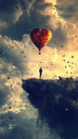 Solitary figure observing heart-shaped balloon over cliff
