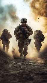 Modern infantry squad advances through explosive dust storm.