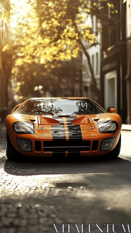 Low-angle study of orange classic sports car with high-gloss reflections