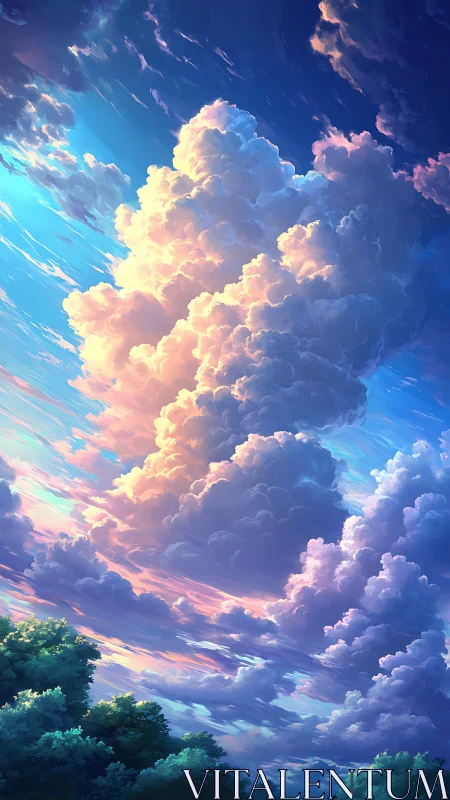 Sunlit Cumulus Spires Above Lush Twilight Forestscape.