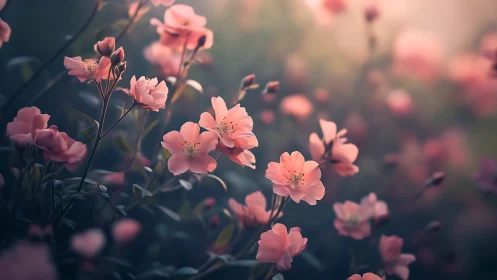 Pink blossoms are shown in shallow-focus floral composition