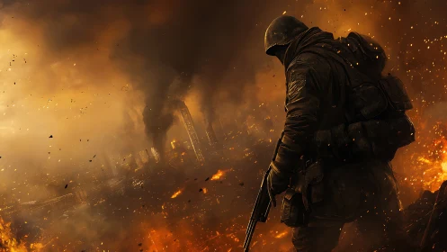 Lone soldier overlooks a burning city in apocalyptic war