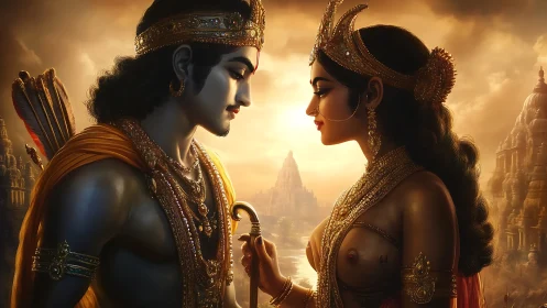 Divine royal couple share a tender gaze at sunset.