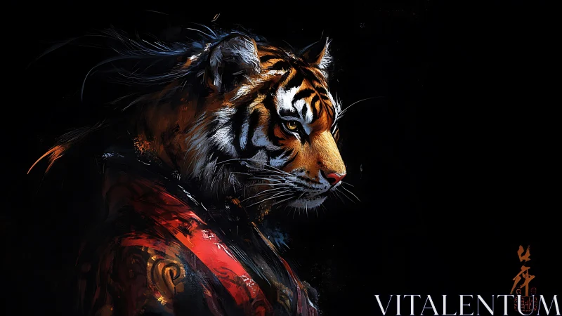 Regal tiger warlord draped in ember-lit samurai robes.