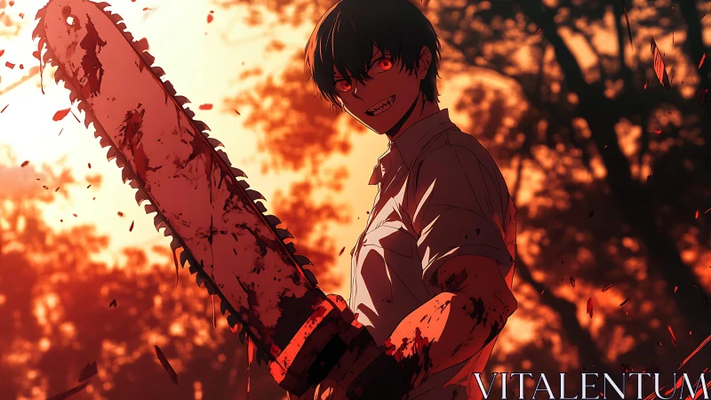 Cinematic anime slasher portrait with backlit forest staging.