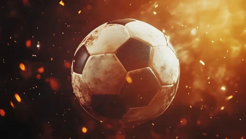 Soccer ball floats amid glowing orange sparks and smoke