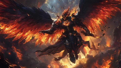 Blazing winged warlord descending through volcanic skies.