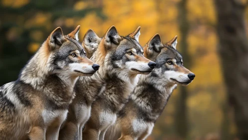 Warm autumn forest pack of wolves sharing a quiet moment.