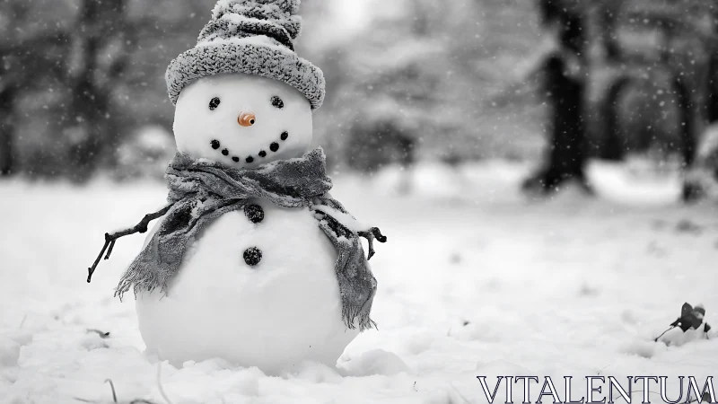 Cozy snowman in a quiet winter wonderland forest scene.