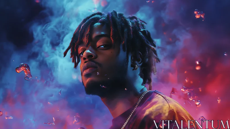 Cinematic portrait with neon bicolor rim lighting and suspended droplets