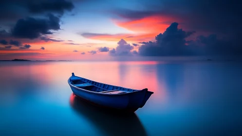 Solitary blue boat rests on glassy water at vivid sunset.