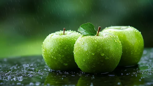 Fresh green apples glisten under gentle rainfall outdoors.