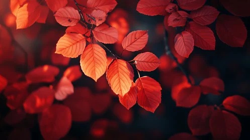 Vibrant red autumn leaves in soft focus nature photography.
