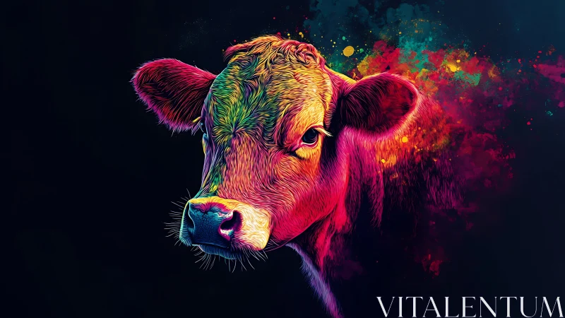 Neon chromatic cow portrait in high-contrast digital painting.
