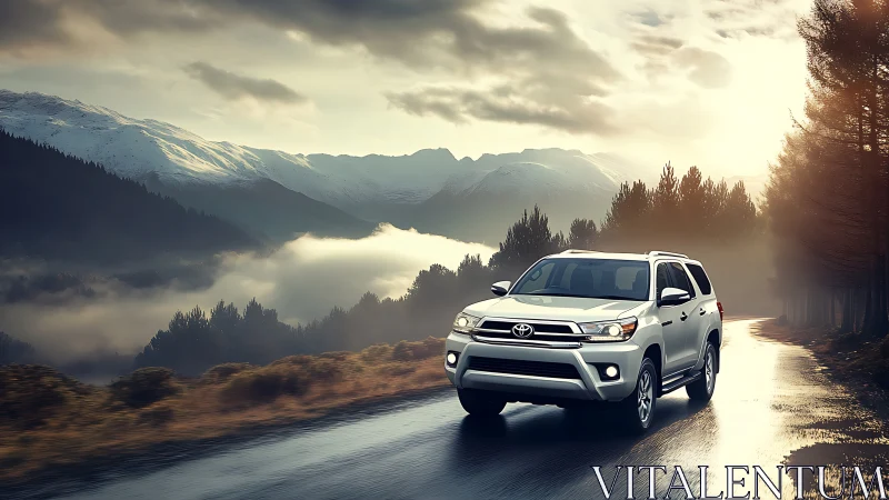 Adventurous silver SUV chasing dawn through misty peaks.