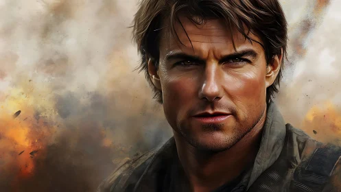 Intense soldier portrait against burning battlefield smoke