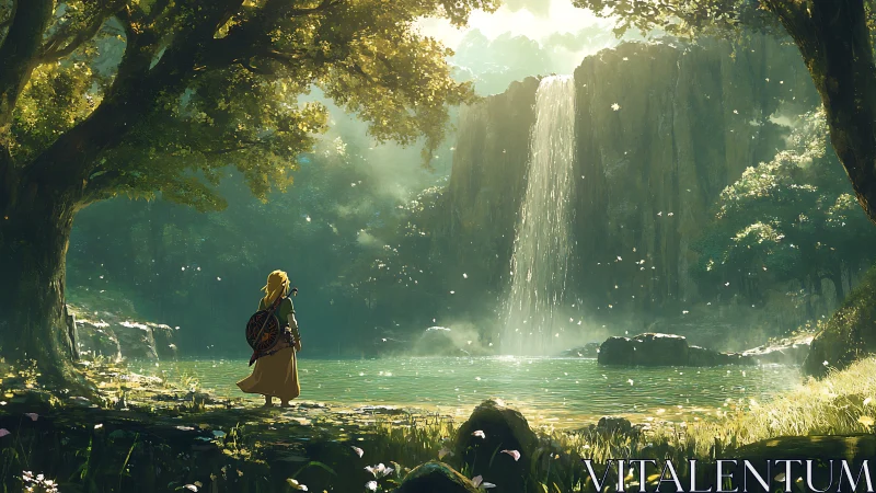 Solitary adventurer observing tranquil forest waterfall.