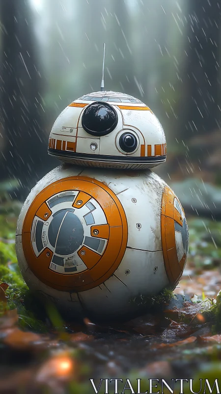 Photorealistic spherical droid portrait in rainy forest setting.