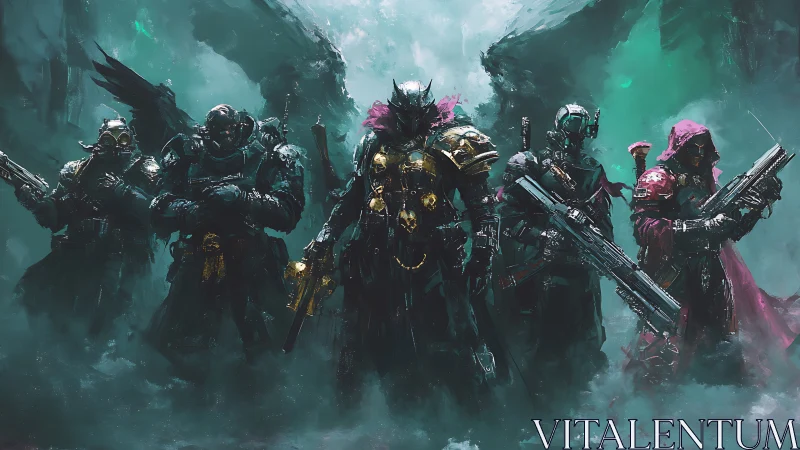 Storm-forged guardians stride through emerald cosmic mist.