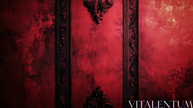 Baroque black moldings on distressed red wall background.