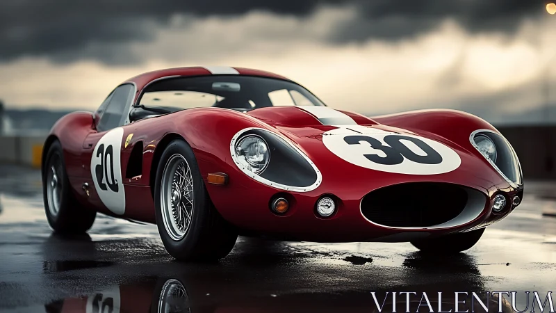 Racing legend in red gleams on a rain-soaked open track