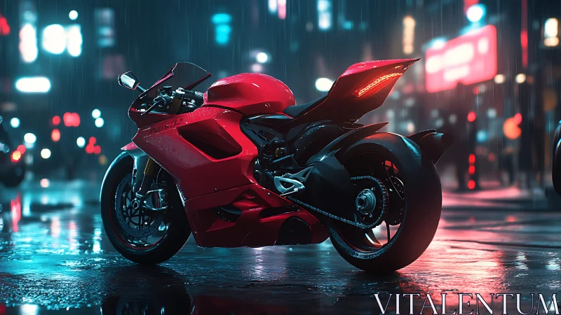 Rain-slick neon streets crown a crimson superbike in wait
