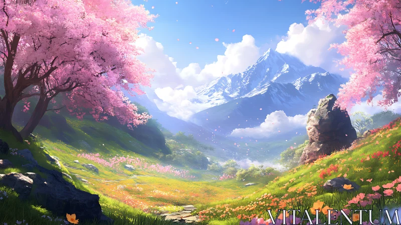 Mountain meadow extends under cherry blossoms in bloom