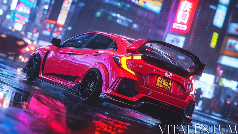 Neon rain crowns a crimson tuner prowling wet city nights