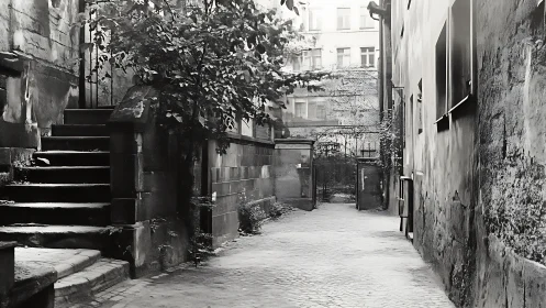 Misty courtyard passage where old stone and silence linger.