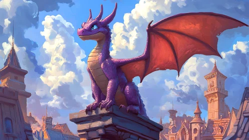 Vibrant purple dragon perched on ornate fantasy city rooftop