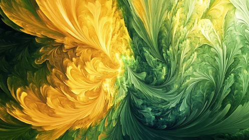 Abstract yellow and green fractal swirls form layered plumes