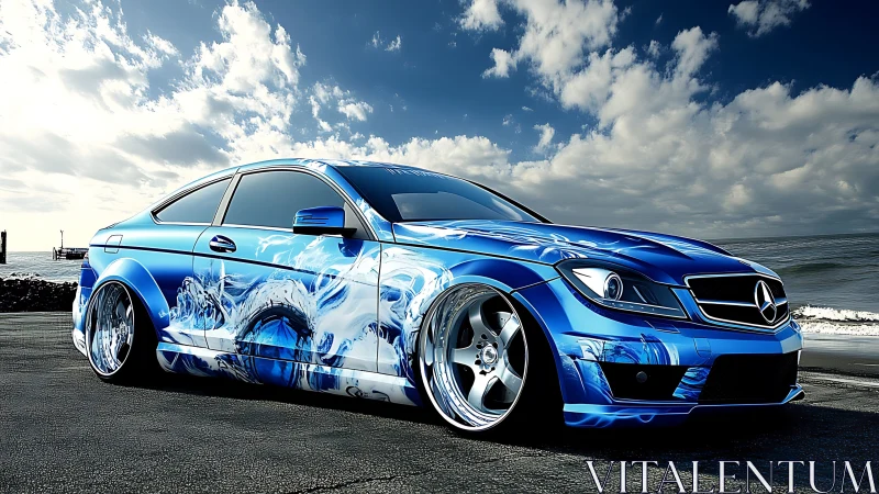 Blue Mercedes coupe with ocean wave wrap by the shore.