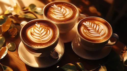 Triple latte art cups in warm autumn caf&eacute; glow.