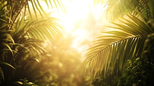 Sunlit palm foliage forms layered structures in soft focus