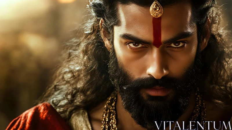 Intense warrior gaze framed by sacred tilak and gold adornment.