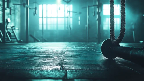 Low-angle crossfit gym floor with battle rope and barbell light