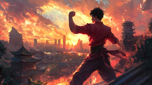 Sunset martial sentinel above blazing neon temple city.