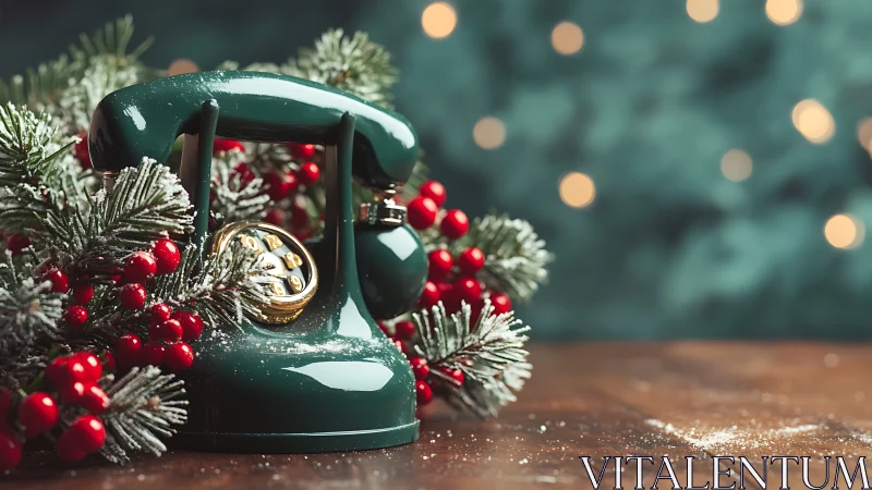 Vintage green rotary phone framed by festive evergreens.