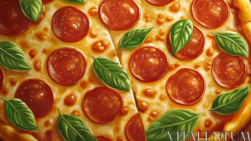 Golden pepperoni pizza glows with fresh basil leaves