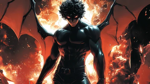 Winged shadow strides through molten apocalypse of fire.