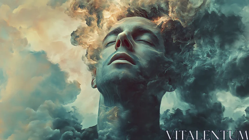 Male face emerging within dense swirling cloud formations.