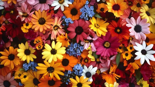 Dense arrangement of varied daisy-type flowers in multiple color ranges