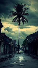 Lonely palm tree rises over deserted rain-soaked street.