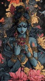 Midnight lotus goddess in swirling florals and molten gold.