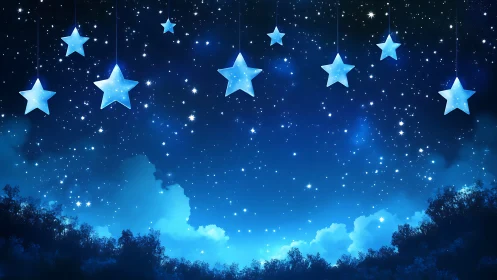 Suspended luminous star forms over stylized nocturnal canopy.