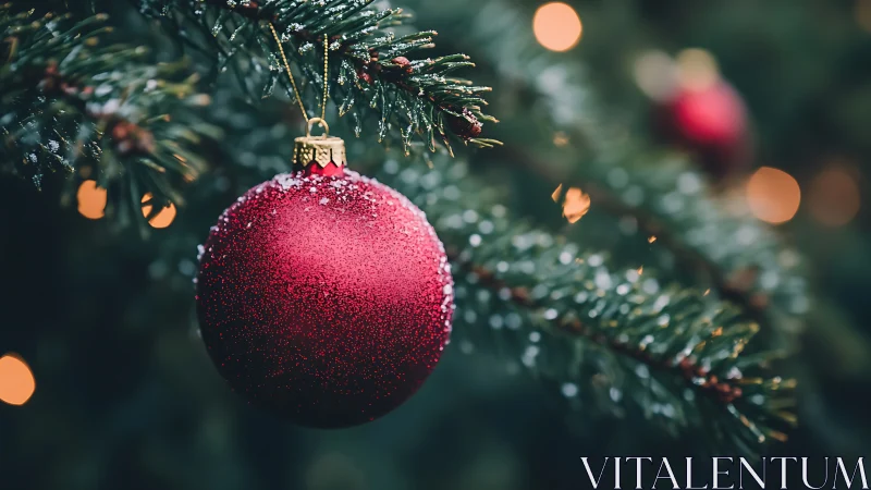 Red Christmas ornament glowing softly on a snowy pine branch.