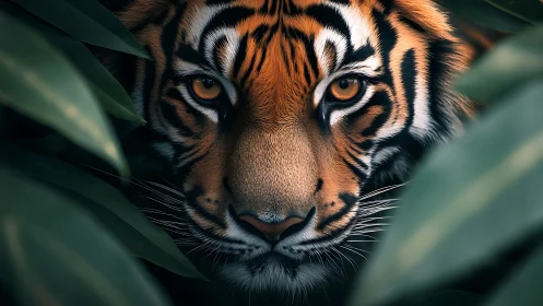 Photorealistic tiger portrait framed by dense jungle foliage.