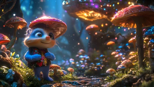 Blue forest creature explores glowing mushroom grove