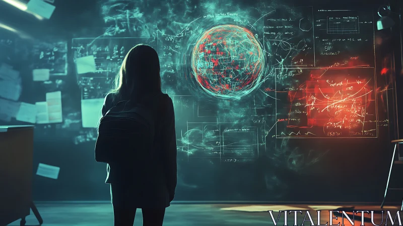 Student studies holographic science formulas on dark board.